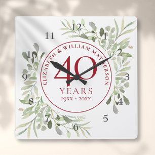 Soft Watercolour Leaves 40th Anniversary Quadratische Wanduhr
