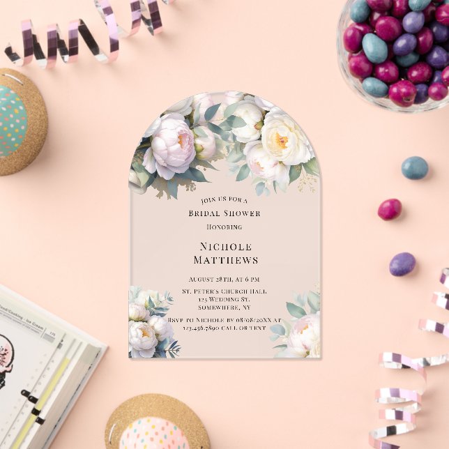 Soft White Peony with Eucalyptus Bachelorette Acryleinladungen (Insitu (Feier))