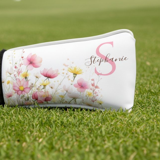 Soft Wildflower Monogram Golf Headcover (Personalized floral golf club cover)