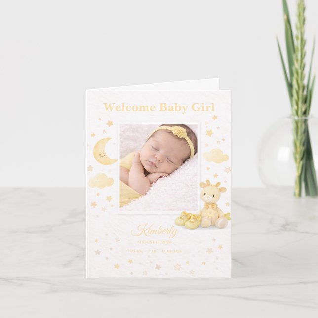 Soft Yellow Elephant Baby Girl Birth Announcement Karte (Vorderseite)