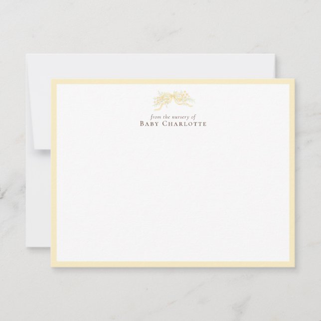 Soft Yellow Floral Bow Nursery Note Card  Mitteilungskarte (Vorderseite)