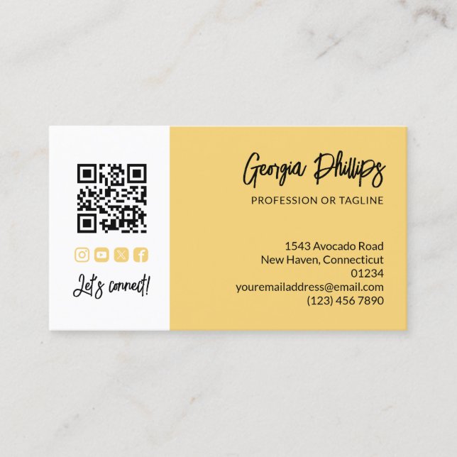 Soft Yellow QR Code Photo Socialmedia Brush Script Visitenkarte (Vorderseite)