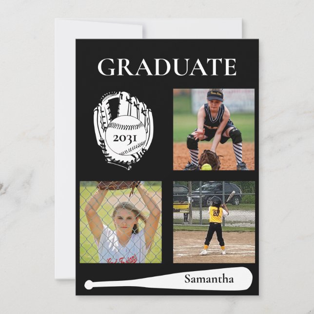 Softball 3 Photo Black Graduation Flat Card (Vorderseite)
