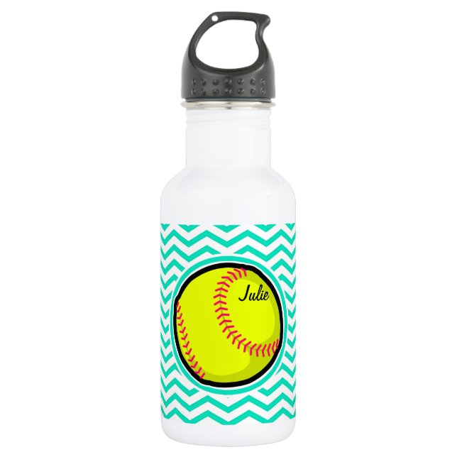 Softball; Aqua Green Zickzack Edelstahlflasche (Vorderseite)