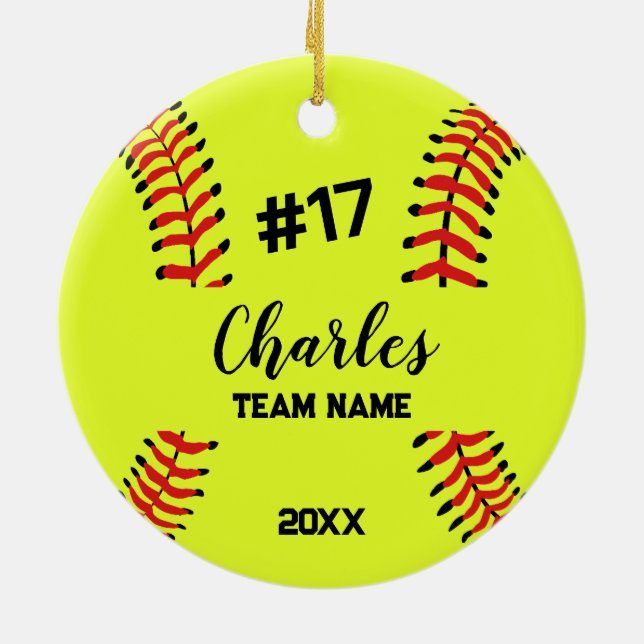 Softball Ball Player | Individuelle Name-Nummer un Keramik Ornament (Hinten)