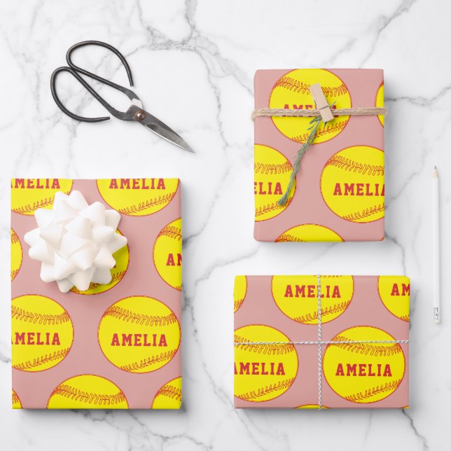 Softball Ball Player Kinder Name Geburtstag Geschenkpapier Set (Vorderseite)