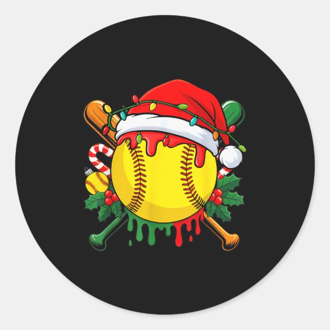 Softball Ball Santa Hat Christmas Softball Drip Xm Runder Aufkleber (Vorderseite)