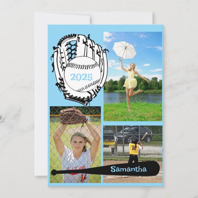 Softball/Baseball 3 Foto Light Blue Abschluss Einladung (Vorderseite)