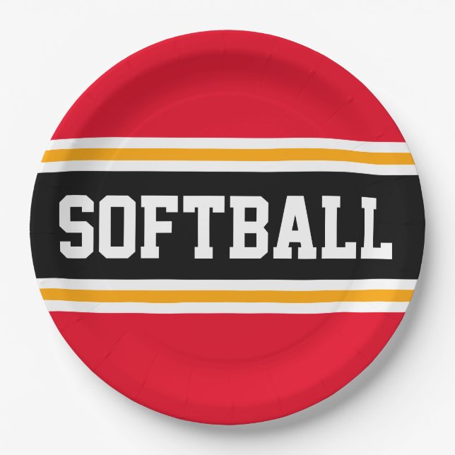 SOFTBALL Bright Red Black Yellow Racing Stripes Pappteller (Vorderseite)