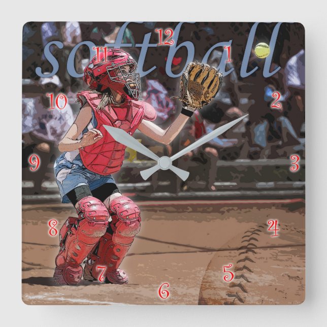 Softball Catcher Graphic Quadratische Wanduhr (Vorderseite)