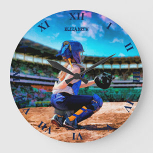 Softball-Catcher und Stadionmalerei Große Wanduhr
