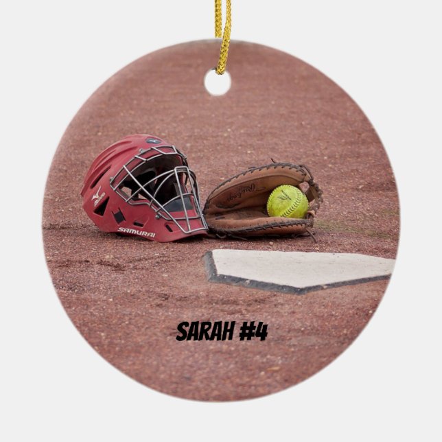 Softball-Fänger-Masken-Weihnachtsverzierung Keramikornament (Vorne)