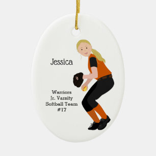 Softball Female Blonde Black & Orange Keramik Ornament