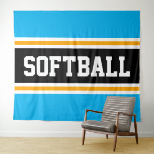 SOFTBALL Fun Sky Blue Black Yellow Racing Stripes Wandteppich