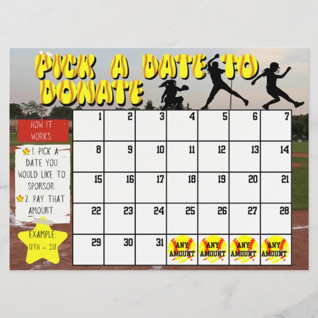 Softball Fundraiser Kalender "Pick a Date Spende" Einladung (Vorderseite)