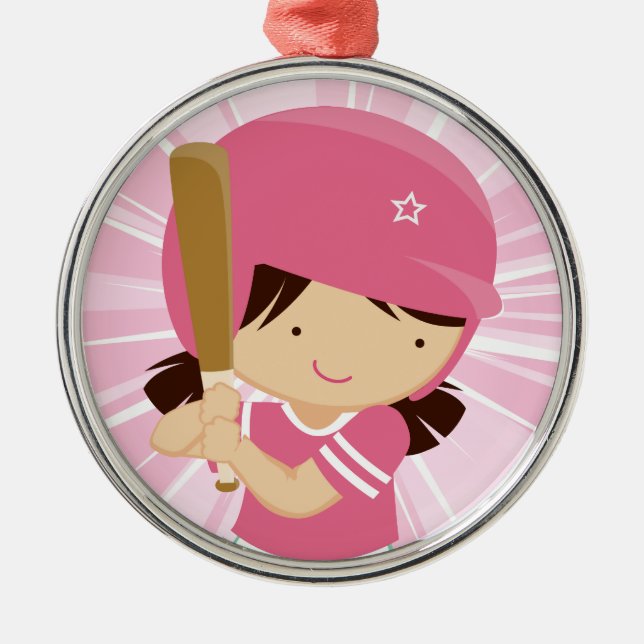 Softball Girl Batter in Rosa und Weiß Silbernes Ornament (Vorne)
