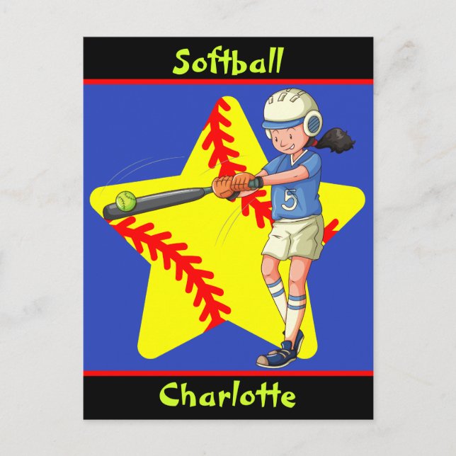 Softball Girls Star Batter Swing Personalisiert Postkarte (Vorderseite)