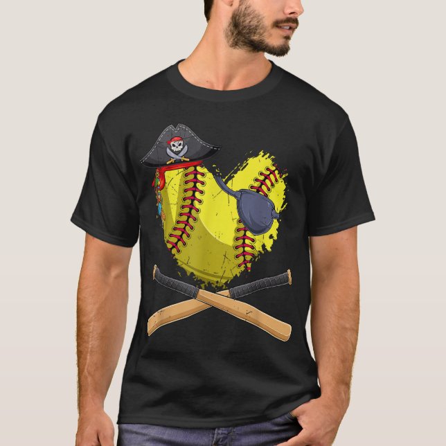 Softball Heart Pirate Hat Piratenflagge Halloween T-Shirt (Vorderseite)