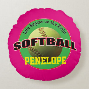 Softball-Leben auf rosa und Grünem mit Text Rundes Kissen