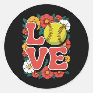 Softball-Liebe Retro-Flower-Power-Sport Runder Aufkleber