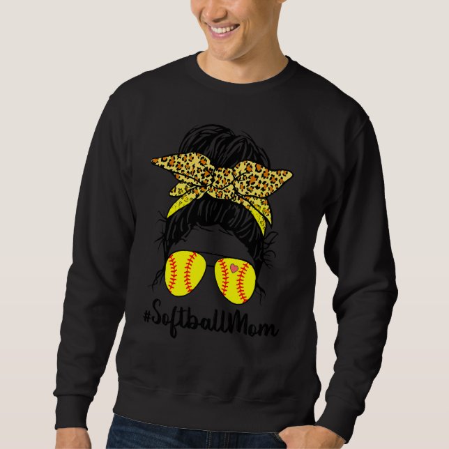 Softball Mama Leben mit Leopard und Messy Bun Play Sweatshirt (Vorderseite)