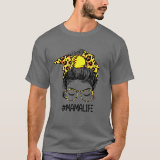 Softball Mama Life Leopard Messy Bun Mother's Day T-Shirt