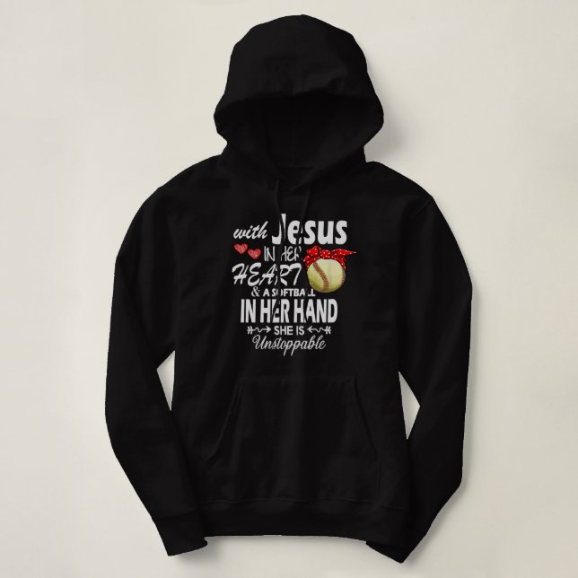 Softball Pitcher Hitter Catcher mit Jesus in ihrem Hoodie (Design vorne)