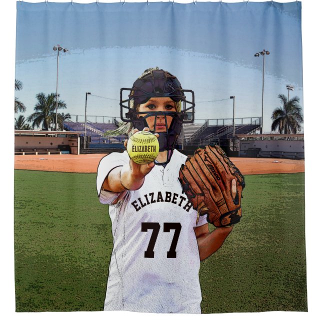 Softball Player Catcher mit Ihrem Namen und Ihrer  Duschvorhang (Vorderseite)