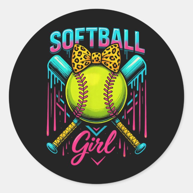 Softball Player Girl Ice Cream Softball Tropfen Runder Aufkleber (Vorderseite)