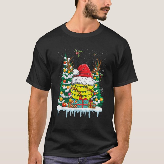 Softball Reindeer Christmas Lights Santa Hat Xmas  T-Shirt (Vorderseite)