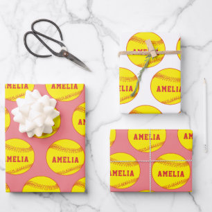 Softball-Spieler Kinder Name Geburtstag Geschenkpapier Set