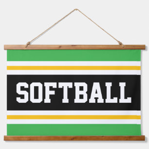 SOFTBALL Sporty Green Black Yellow White Stripes Wandteppich Mit Holzrahmen