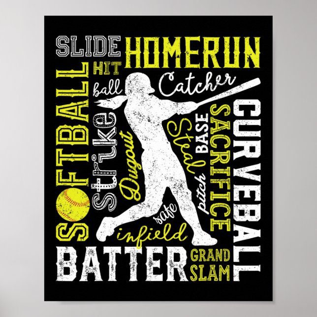 Softball Typografie Word Art Funny Batter Pitcher Poster (Vorne)