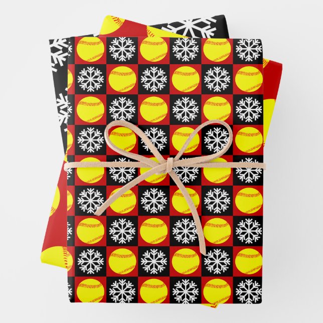 Softball und Snowflake Rot und Schwarz Weihnachten Geschenkpapier Set (Beispiel)