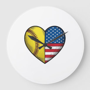 Softball USA-Flagge Herz Vintage-Vektordesign_1 Große Wanduhr