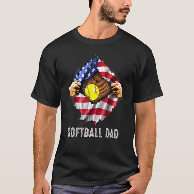 Softball Vater Super Hero American Us Flag Fathers T-Shirt (Vorderseite)