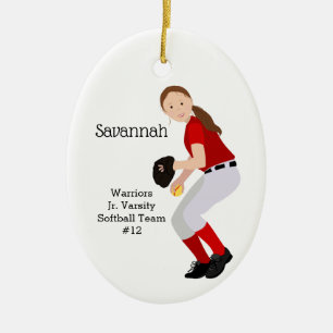 Softball Weibchen Brünett Red & White Keramik Ornament