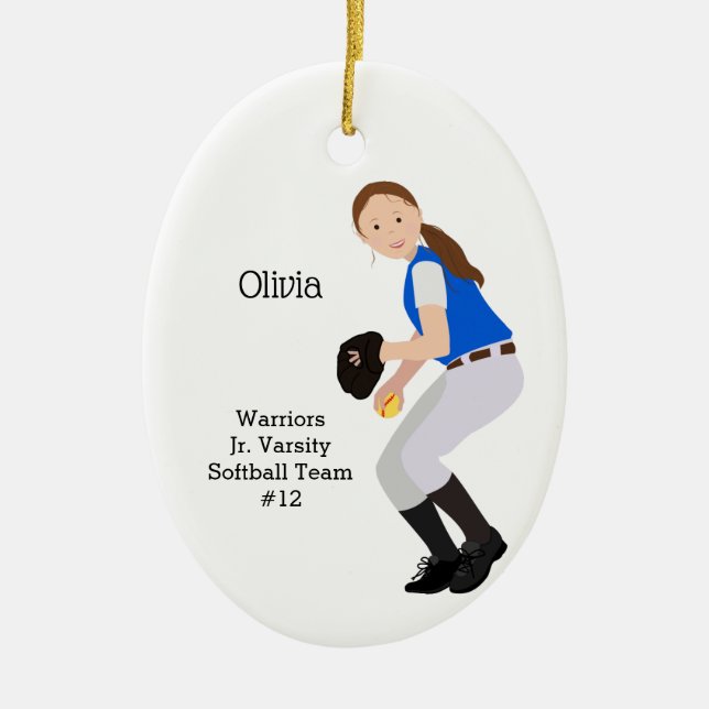 Softball Weiblich Brünett Blue & White Keramik Ornament (Vorne)