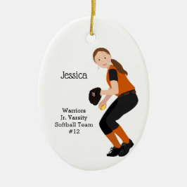 Softball Weiblich Brünett Orange & Black Keramik Ornament