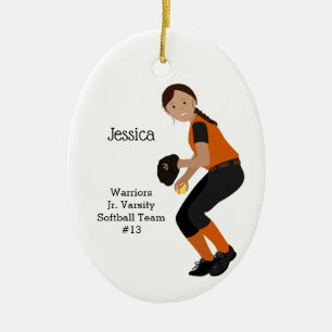 Softball Weibliche dunkle Haare Schwarz & Orange Keramik Ornament