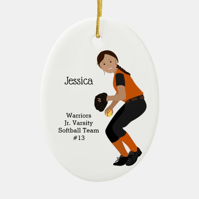 Softball Weibliche dunkle Haare Schwarz & Orange Keramik Ornament (Vorne)