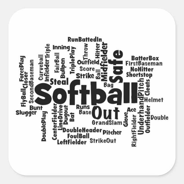 Softball Word Cloud Quadratischer Aufkleber (Vorderseite)
