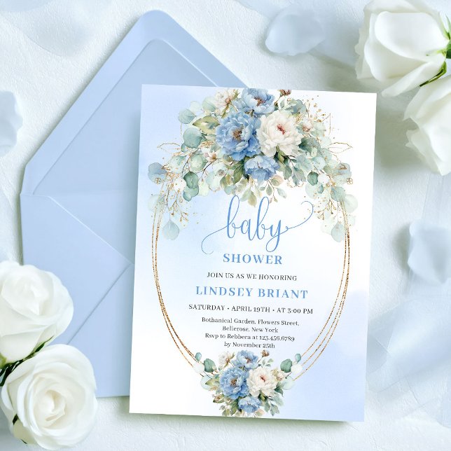 Softes Boho-Hellblaues Florales Eukalyptus-Gold-Du Einladung (Soft Boho Light Blue Floral Eucalyptus Gold Shower)