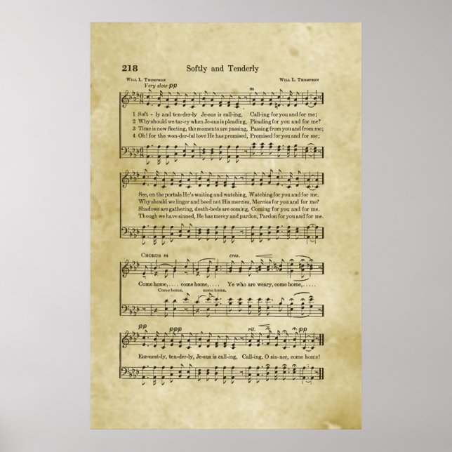 Softly and Tenderly Gospel Sheet Music Poster (Vorne)