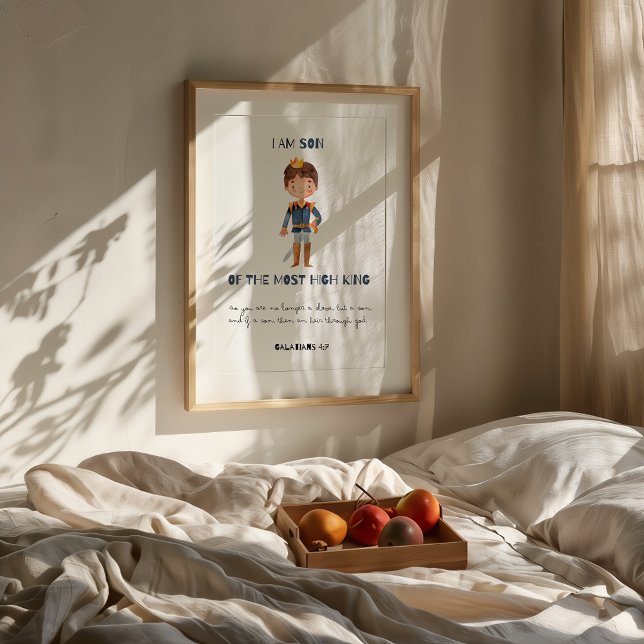 Sohn des King Christlich Baby Print Poster (Framed "Son of the Most High King" Christian nursery print on wall above bed with fruit tray.)