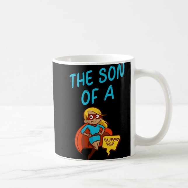 Sohn eines Super-Mama Blue Text Female Superhero C Kaffeetasse (Rechts)