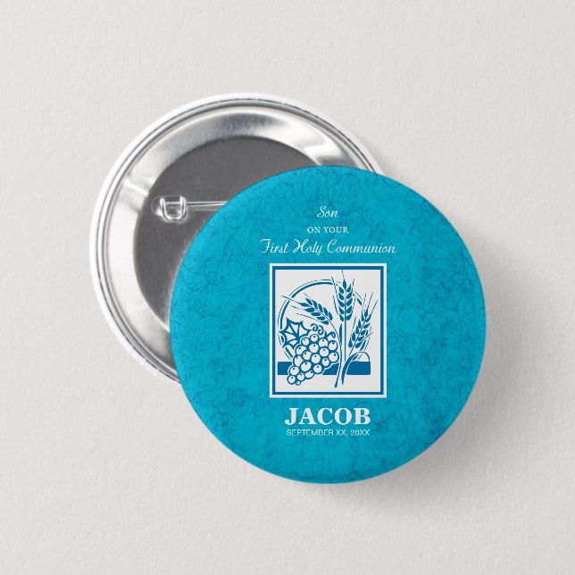 Sohn, Erste Kommune, Weizen, Trauben blau Button (Vorne & Hinten)