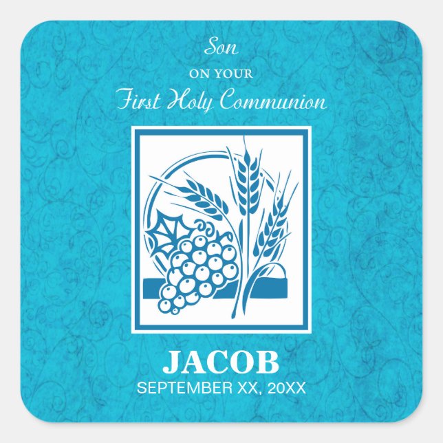 Sohn, Erste Kommune, Weizen, Trauben blau Quadratischer Aufkleber (Vorderseite)