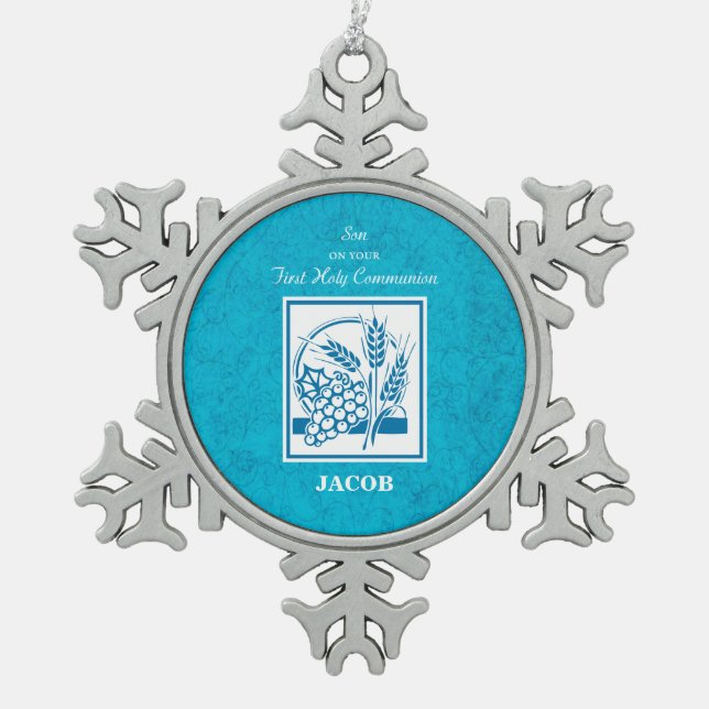 Sohn, Erste Kommune, Weizen, Trauben blau Schneeflocken Zinn-Ornament (Vorderseite)