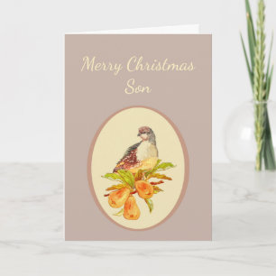 Sohn-frohe Weihnacht-Rebhuhn im Birnen-Baum Feiertagskarte